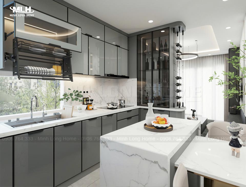 Xu hướng tủ bếp inox cánh kính 