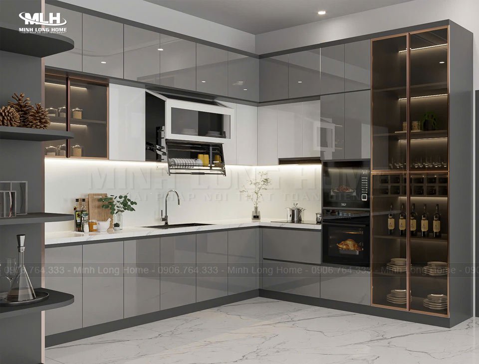 Mẫu tủ bếp inox cánh Acrylic chữ U