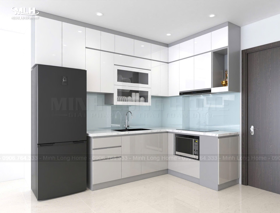 Tủ bếp inox cánh Acrylic có bàn thờ ông Táo