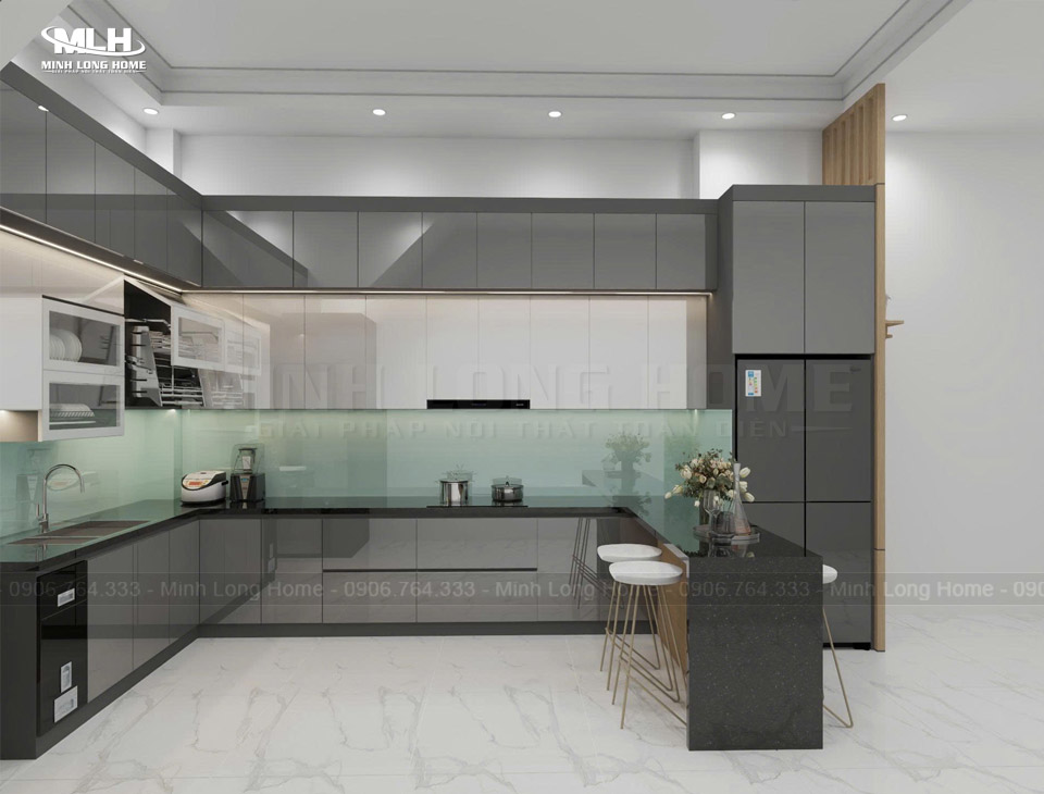 Tủ bếp inox cánh Acrylic có quầy bar lớn