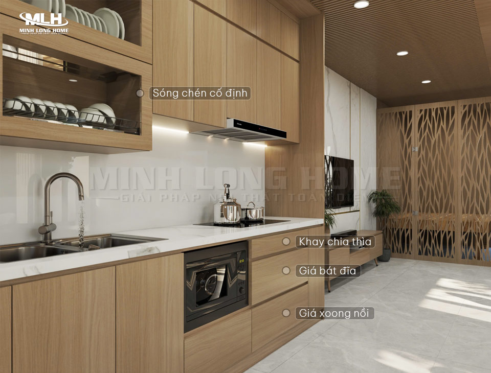 Mẫu tủ bếp nhựa Melamine hoàn thiện module và đá bếp, phụ kiện