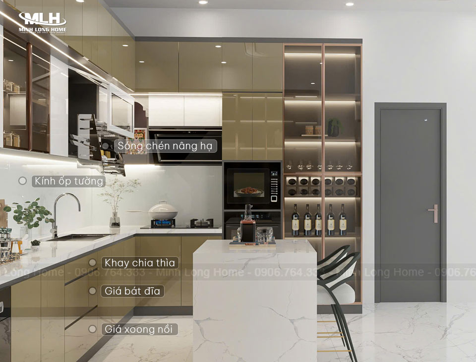 Tủ bếp nhựa Picomat, Pima, An Cường: Phủ Melamine, Acrylic, Laminate và cánh kính Phụ kiện tủ bếp nhựa