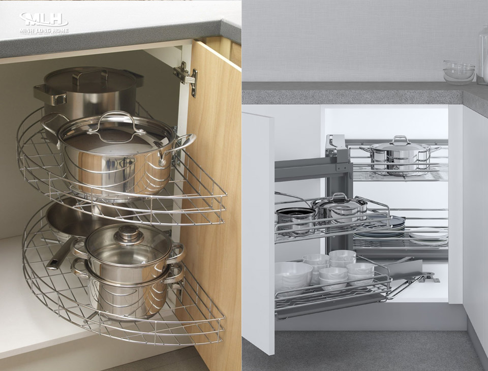 Cách bố trí tủ bếp dưới tiện nghi Bố trí phụ kiện góc tủ bếp dưới