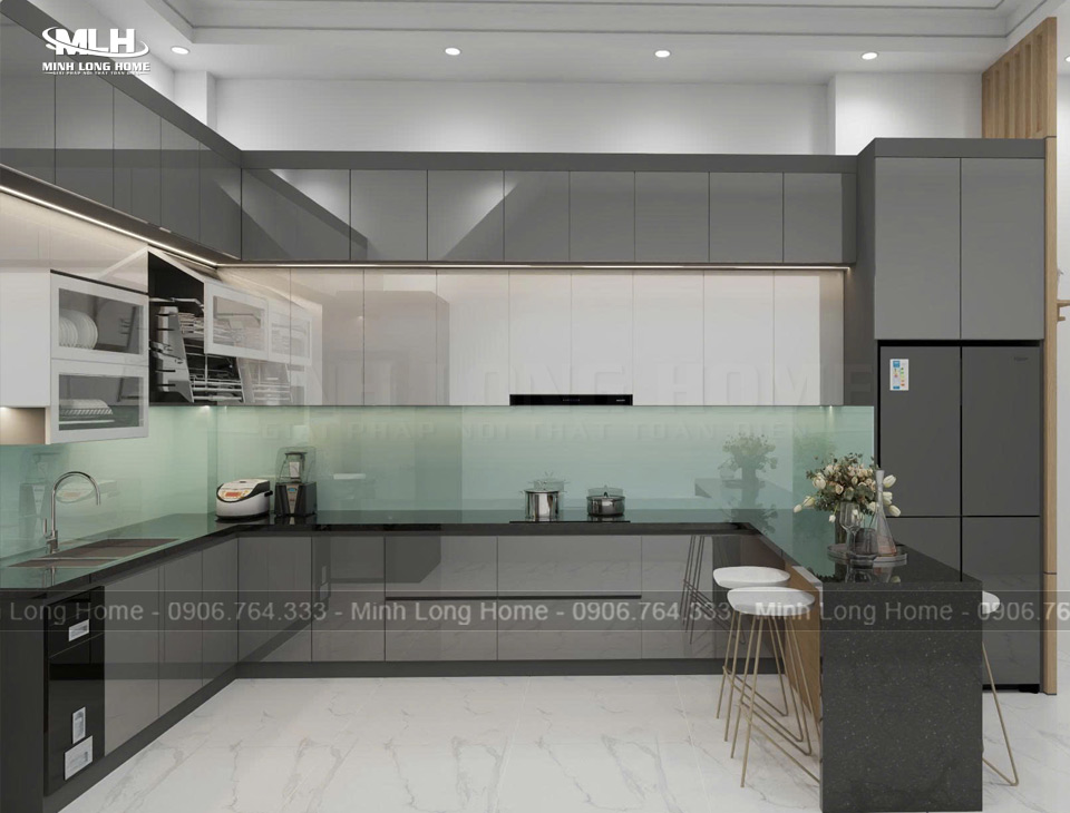 Mẫu tủ bếp inox cánh Acrylic hiện đại chữ L