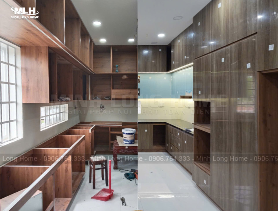 Tủ bếp nhựa Acrylic vân gỗ chị Hạnh