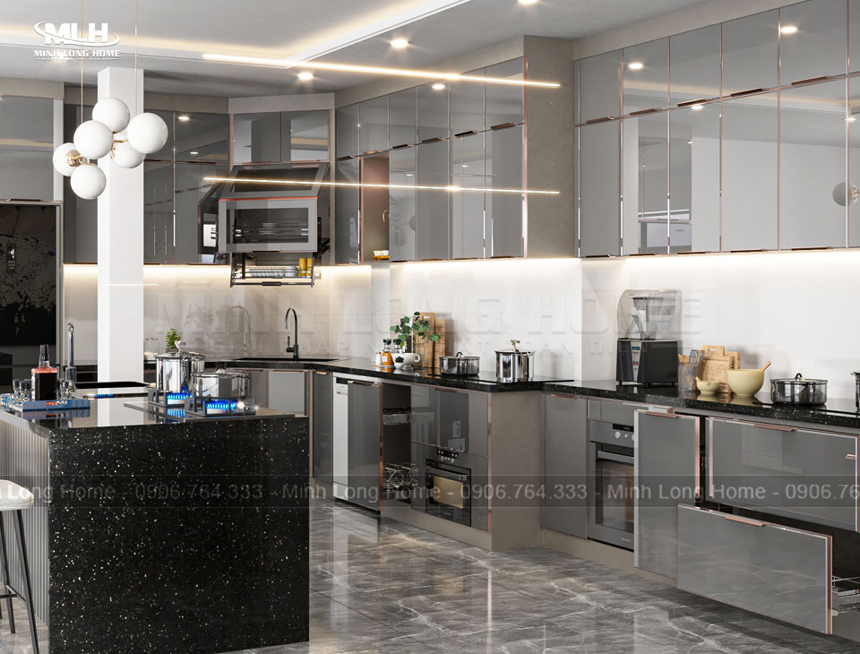 Tủ bếp nhôm kính màu xám cao cấp