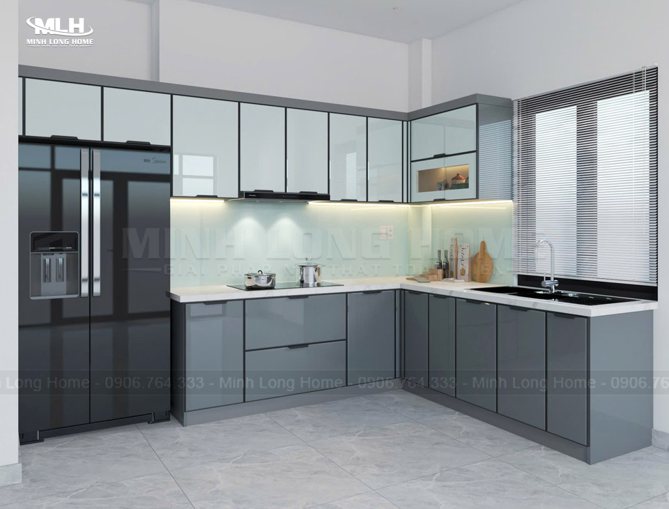 Tủ bếp nhôm kính xám phối màu