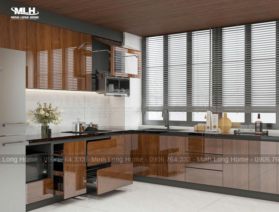 Báo giá tủ bếp nhựa giả gỗ mới nhất và mẫu đẹp Tủ bếp nhựa giả gỗ Acrylic bóng